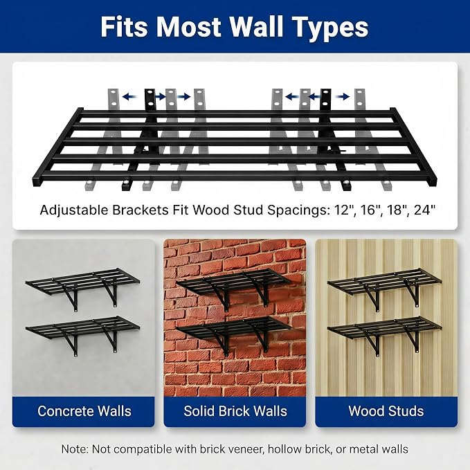 FLEXIMOUNTS 2x4ft Heavy Duty Garage Wall Shelving, 4-Pack Garage Shelving Wall Mounted with 8 Hooks, 400lbs Capacity, Storage for Power Tools, Garden Supplies, Storage Bins, Lite Series