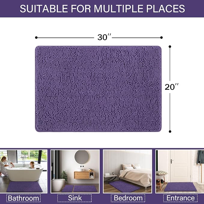 LOCHAS Luxury Bathroom Rug Shaggy Bath Mat 20 x 30 Inch, Dark Purple | Washable Non Slip Bath Rugs for Bathroom Shower, Soft Plush Chenille Absorbent Carpets