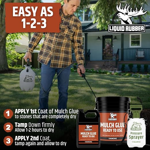 Liquid Rubber Pre-Mixed Mulch Glue for Landscaping, Gardens, Pack of 4 x 1G | Ready to Use - Bonds Pine Straw, Cypress, Pea Gravel, Stone, Bark Nuggets & Rubber Mulch - Locks in Place, Prevents Erosion