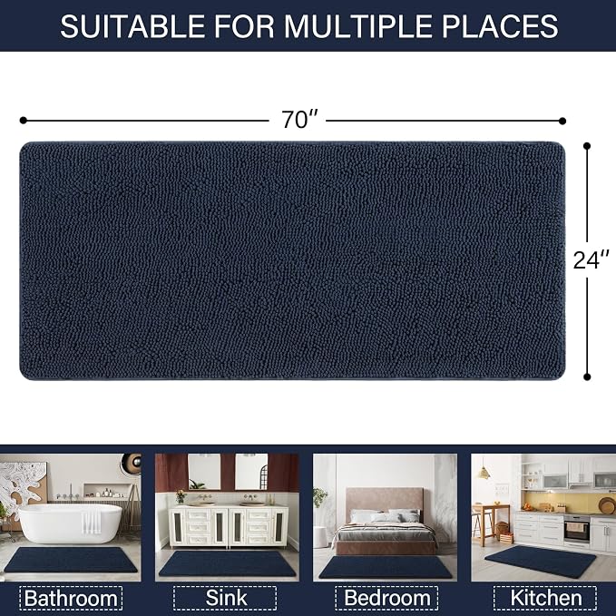 LOCHAS Luxury Bathroom Rug Shaggy Bath Mat 24 x 70 Inch, Navy | Washable Non Slip Bath Rugs for Bathroom Shower, Soft Plush Chenille Absorbent Carpets
