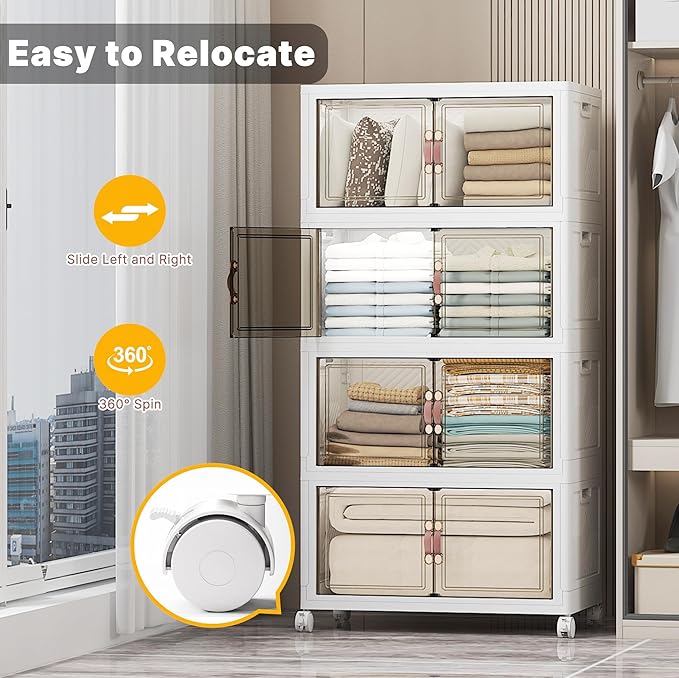 Stackable Storage Bins, 448QT Collapsible Drawers with Lid & Wheels | Large Capacity, Magnetic Door, Stack Lock, Rolling Casters, Foldable Design, Organizers and Storage for Bedroom Dorm Garage