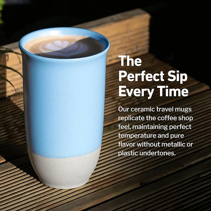 NOVA CERAMICS Travel Mug - Ceramic Coffee Mug With Lid – Microwave & Dishwasher Safe Coffee White & Grey Tumbler - Fits In Cup Holder – 16oz – Coastal Drift
