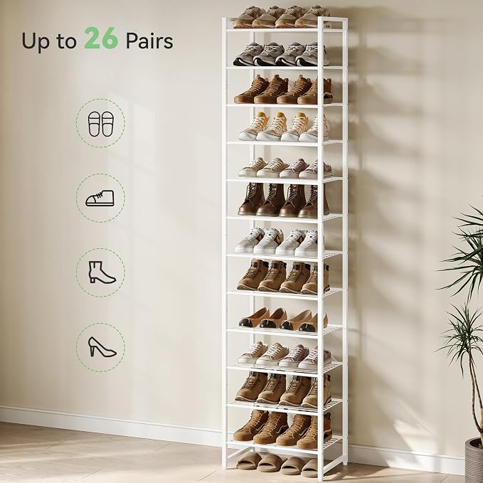 Nunsino Narrow Shoe Rack, 12-Tier Metal Shoe Organizer,Tall Shoe Shelf with Anti-Tip Strap, Max Holds 24 Pairs,Space Saving for Closet,Entryway,White