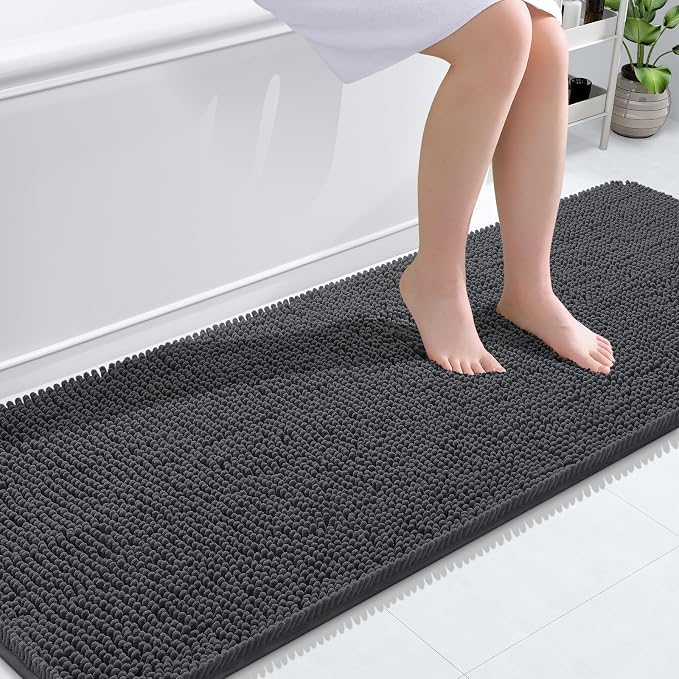 OLANLY Bathroom Runner Rugs 70x24, Soft Absorbent Chenille Bath Rugs, Rubber Backing Quick Dry, Machine Washable Long Bath Mats for Bathroom Floor, Tub and Shower, Home Decor Accessories, Dark Grey