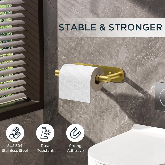 FORIOUS Toilet Paper Holder, Adhesive or Screw Wall Mount Pivoting Tissue Roll Holder for Bathroom, Stainless Steel Rustproof Self Adhesive Toilet Paper Roll Dispenser no Drilling, Brushed Gold