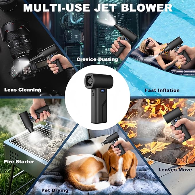 2-in-1 Vacuum and Blower, 110,000 RPM Compressed Air Duster, 160g Powerful Jet Dry Blower, Smart LED Display & Magnetic Nozzles, Cordless Air Duster for PC Cleaning Kit, Keyboard, Car Detailing