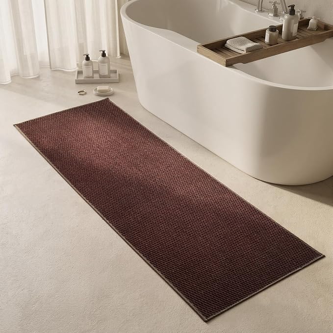 Triohero Bathroom Runner Rugs, Long Bath Mat Runner Washable Thin Quick Dry Low Pile Bathroom Runner Rugs Non Slip, Brown 24"x70"
