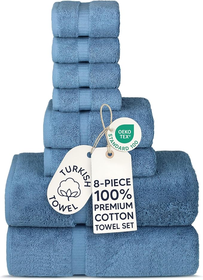 Chakir Turkish Linens Set of 8 Towel Set, 100% Cotton Luxury Turkish Towels for Bathroom, Soft Absorbent Bath Towel Set with 2 Bath Towels 2 Hand Towels 4 Washcloths, Wedgewood