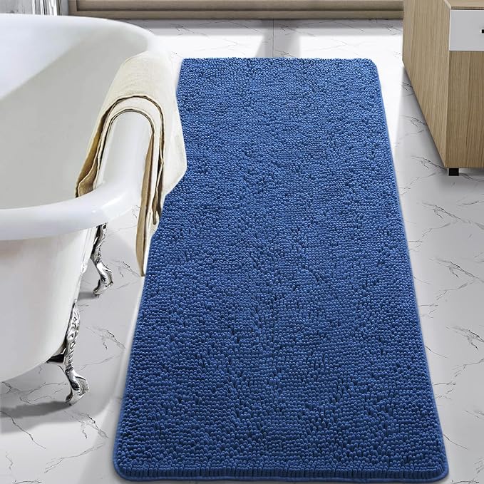 LOCHAS Luxury Bathroom Rug Shaggy Bath Mat 24 x 48 Inch, Blue | Washable Non Slip Bath Rugs for Bathroom Shower, Soft Plush Chenille Absorbent Carpets