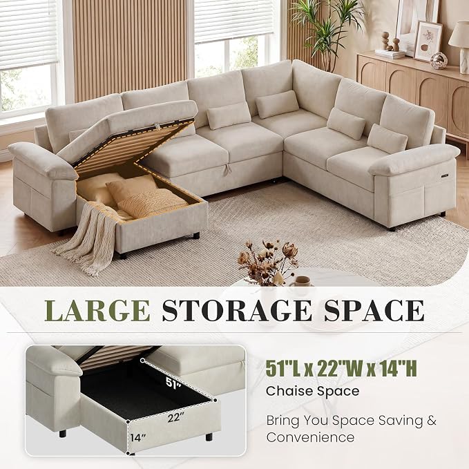 110 Inch Modular Sectional Sleeper Sofa with Pull Out Bed, U Shaped 7 Seat Cloud Modular Sectional Sofa with Storage, Chenille Sectional Couches for Living Room, Removable Sofa Cover, Beige