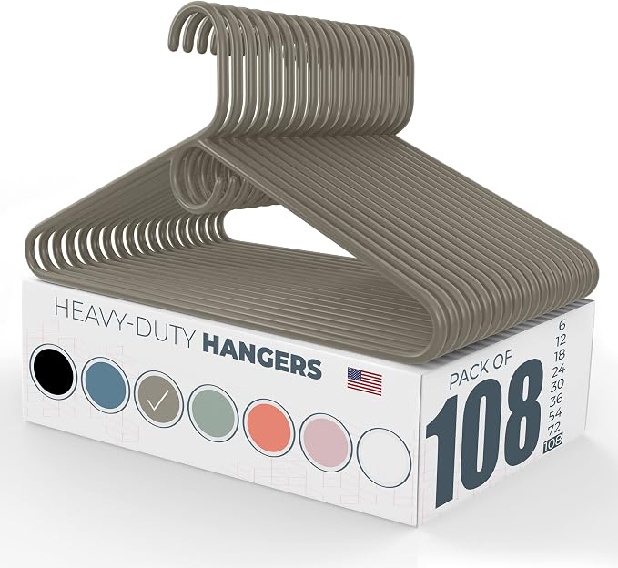 Heavy Duty Clothes Hangers 100 Pack (108 Count) – Made in the USA – 8lb Capacity Plastic Hangers for Adult Clothing – Durable for Pants, Coats, Jackets, or Jeans – Gray