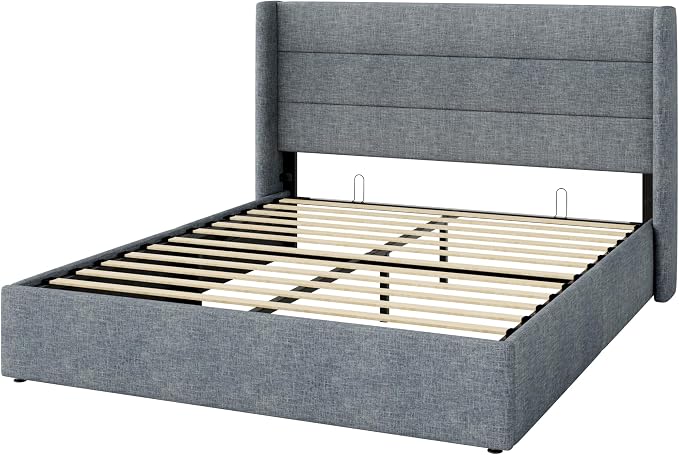 Allewie Full Size Lift Up Hydraulic Storage Bed Frame Blue Grey | Modern Wingback Headboard, Hydraulic Support Storage, No Box Spring Needed