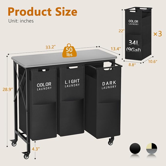Gewudraw 3 Section Laundry Sorter with Ironing Board, Black | Laundry Sorter with Removable Bags, Heavy-Duty Rolling Laundry Cart, Lockable Wheels, For Bathroom, Bedroom