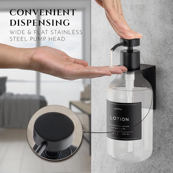 Shower Shampoo Dispenser Wall Mounted – 3 Refillable 16.9 oz Clear Bottles with Stainless Steel Pumps & No-Drill Adhesive Holders – Soap Dispenser Set for Bathroom (3 X Clear/Black)