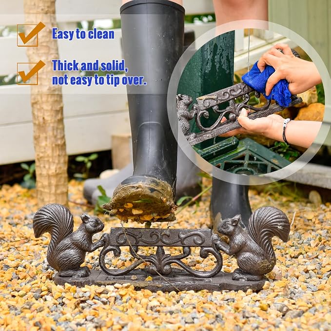 Sungmor Heavy Duty Cast Iron Boot Scraper, Vintage Rustic Black Squirrel Boot Cleaner, Garden Front Door Entrance Shoe Scrubber Mat, Farmhouse Outdoor Patio Decorative Mud Cleaner