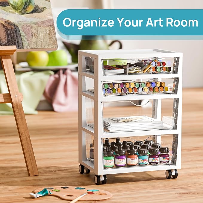 Vtopmart Plastic Drawer Storage Rolling Cart with Wheels, 4-Tier Drawer Organizer for Art Crafts Supplies, Home Office Supplies, Toys, Under Desk Storage for Office, Craft Room, Bedroom, Classroom