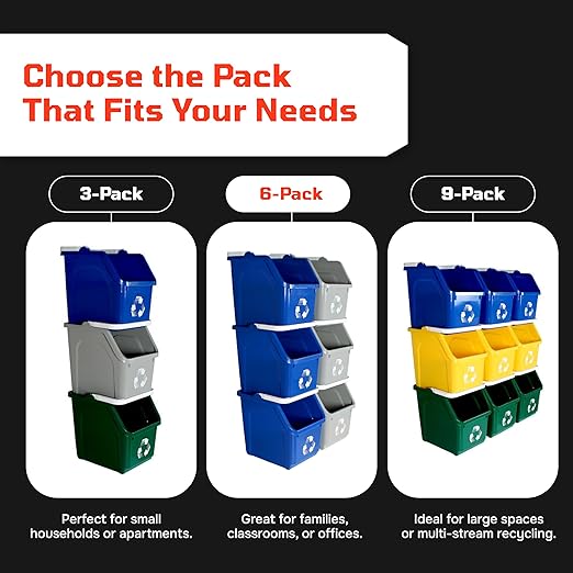 Multi Bin Recycling System with Three Stackable 6 Gallon Recycle Bins for Kitchen Use – Recycling Trash Can Set for Office, Garage, Businesses (6 Pack Blue/Green)