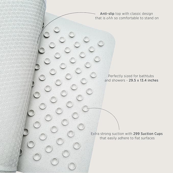HEVEA Natural Rubber Big Bath Mat - Upcycled, Danish Design - Non Slip Bathtub Mat, 299 Suction Cups - Safe and Friendly Shower Mat for All Ages (Marble)