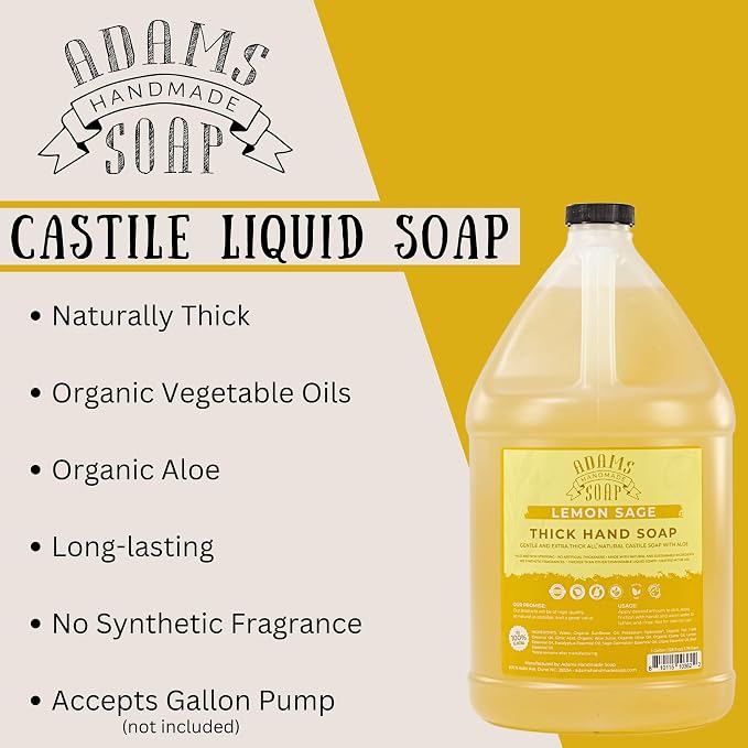 Adams Handmade Soap Thick Organic Castile Liquid Hand Soap 1 Gallon Refill - Lemon Sage (Pack of 4)