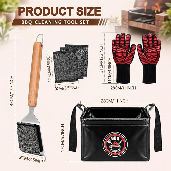 Sawysine 6 Pcs BBQ Tool Set Bristle Free Cleaning Brush with 3 Replacement Heads, Heat Resistant Gloves, 15l Foldable Water Bucket for Outdoor Camping, Barbecue Cleanup, Party Supplies