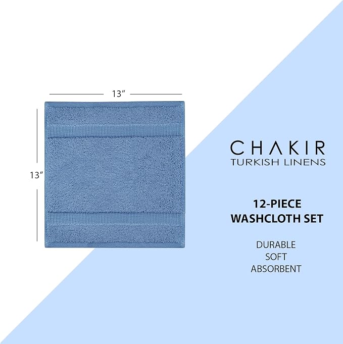 Chakir Turkish Linens 12 Piece Washcloth Set, 100% Cotton Luxury Turkish Washcloths for Bathroom, Soft Absorbent Washcloths, 13 x 13 Inches, Wedgewood