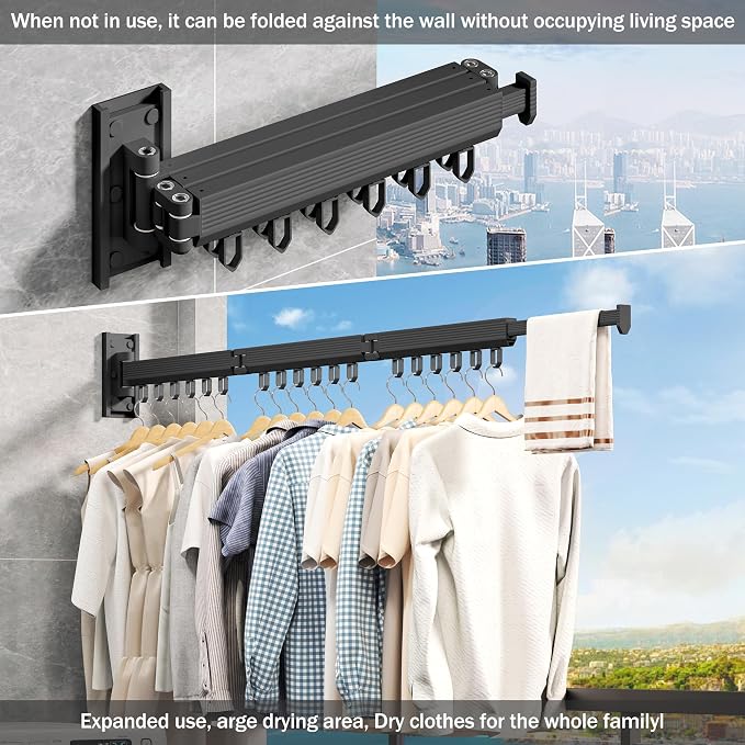 Wall Mounted Foldable Clothes Drying Rack, Heavy Duty 3-Fold Laundry Airer with Ring Hook Design, Space Saving Aluminum Rack for Balcony Bathroom Laundry Room,Black Rings