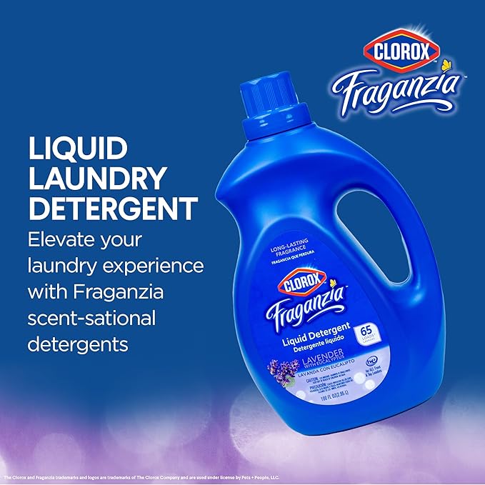 Clorox Fraganzia Liquid Laundry Detergent, Lavender Scent - High Efficiency Formula for All Front and Top Load Washing Machines, Long-Lasting Fragrance, 65 Loads per Bottle, 100 Fl Oz