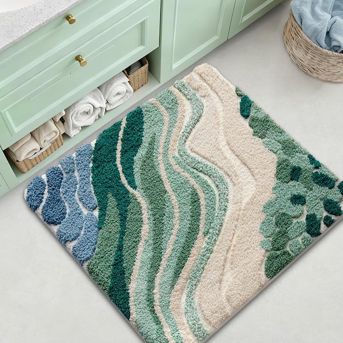 LUMI Beach Bathroom Rug Square, Non Slip Bath Mat Quick Dry, Ultra Soft Washable Absorbent, Ocean Sea Theme Bath Rug for Shower Floor, Home Decor, Kids Room, Bathtub, 26"x26"