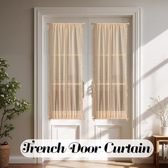 Sutuo Home French Door Curtains for Front Glass Door & Sidelights, Cottagecore Semi Sheer Farmhouse Rustic Tassels Vintage Chic Privacy Bohemian Decor, Rod Pocket 2 Panels 25" W x 72" L Beige