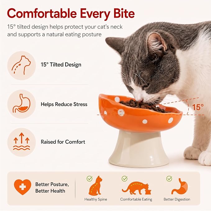 Orange Mushroom Cat Bowl, Elevated Ceramic Bowl for Cats | Elevated, Ceramic, Whisker Friendly, Anti Vomitin,Cute Mushroom Design