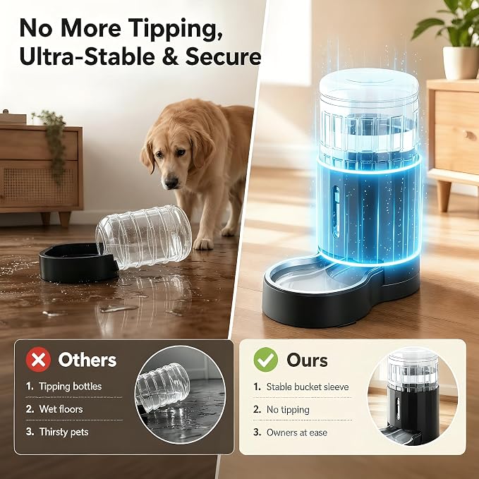 CZPET Dog Water Bowl Dispenser 9.5L, Wider Mouth Gravity Refilling (Black) | Upgraded Brush, Easy to Clean Automatic Cat Waterer with Removable Stainless Steel Bowl, Large Drinking Area for Multi-Pet