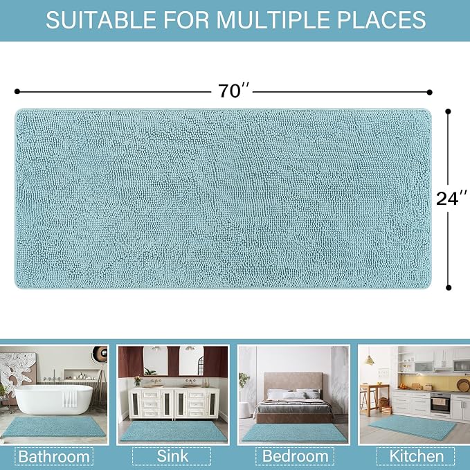 LOCHAS Luxury Bathroom Rug Shaggy Bath Mat 24 x 70 Inch, Spa Blue | Washable Non Slip Bath Rugs for Bathroom Shower, Soft Plush Chenille Absorbent Carpets