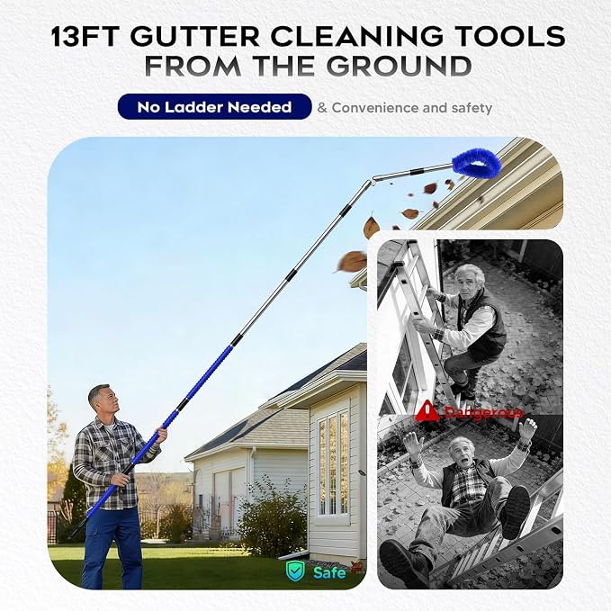 13ft Gutter Cleaning Tools From the Ground, No Ladder Needed, 3-in-1 Gutter Cleaner Pole with Replaceable Brush Rake Scoop, 180° Adjustable Angle for Leaves & Debris Cleaning with Grip Tapes, Blue