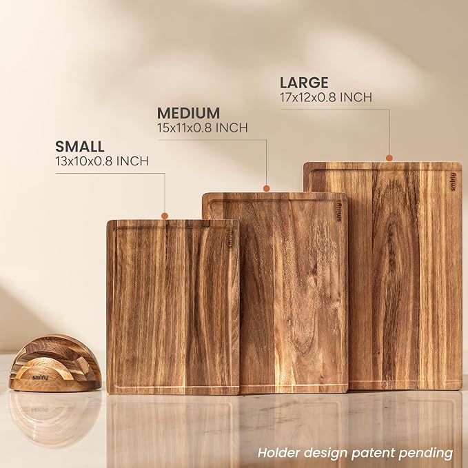 SMIRLY Cutting Boards for Kitchen, 3 Piece Acacia Cutting Board with Stand | Non Toxic Cutting Board with Juice Grooves and Handles, Multiple Sizes Wood Chopping Board for Meat Vegetable Charcuterie