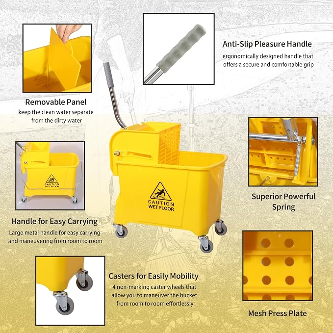 22-Qt (5.5 Gallon) Mop Bucket with Wringer on Wheels,Add One Cotton Mop | Household Mop and Bucket Set for Floor Cleaning ,Yellow ,15.7" L x 10.6" W x 31" H