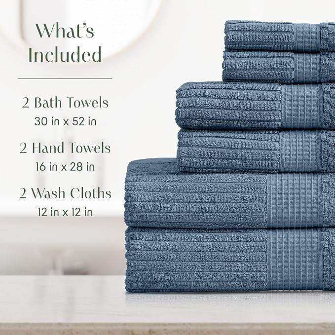 Springtree Home 100% Cotton Bath Towel Set | 6-Piece Set | Textured | Ocean | Absorbent & Quick-Dry Bathroom Towels | Textured and Durable Cotton Towels for Bathroom | OEKO-TEX | Krista Collection
