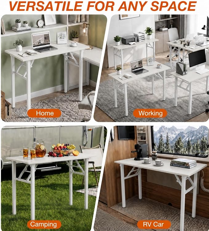 XBurmo Folding Desk Foldable Table, No Assembly 43.3" Foldable Desk Space-Saving Workstation for Small Space, Computer Table, Flat Storage for Home Office, Bedroom, Dorm, Study Room, White Ash