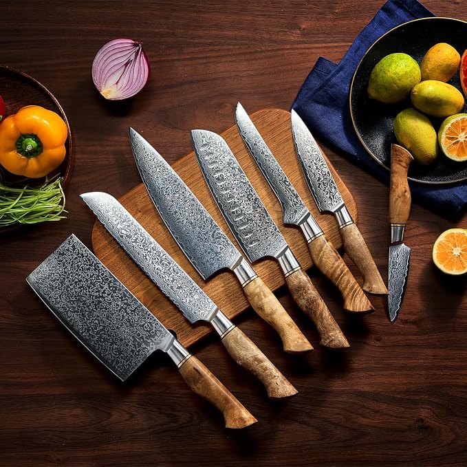 SENKEN 7-Piece Damascus Kitchen Knife Set - Dynasty Collection - 67-Layer Japanese VG10 Steel with Sycamore Wood Handles, Chef's Knife, Cleaver, Bread, Santoku, Boning, & More
