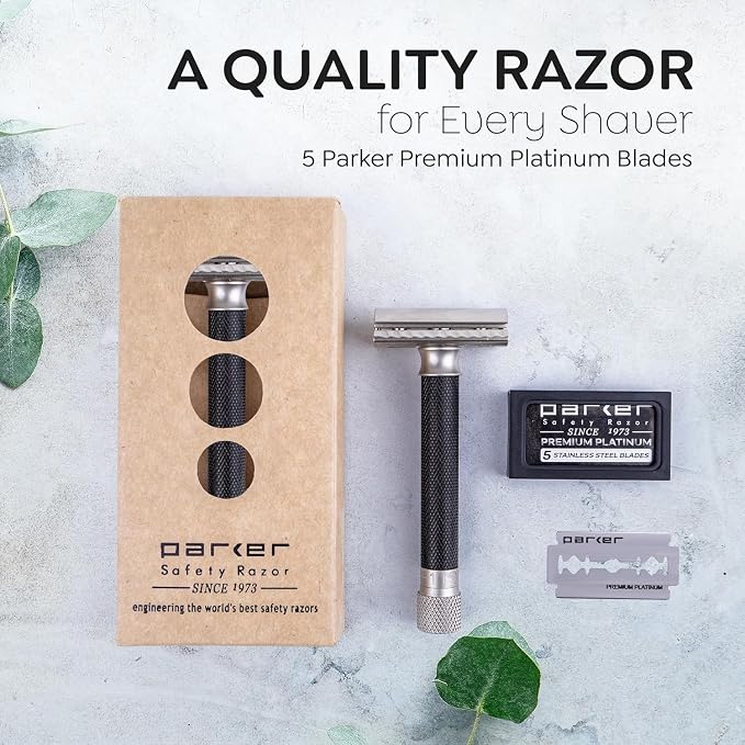 Parker THE VARIANT CLOSED COMB - ADJUSTABLE Double Edge Safety Razor, Customize your Shave with a Turn of the Dial from Mild to Aggressive - 5 Blades Included (GRAPHITE GRAY)