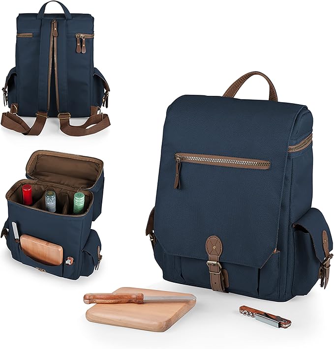 LEGACY - a Picnic Time brand Moreno 3-Bottle Wine & Cheese Tote, Padded Wine Carry Tote Bag with Handle and Adjustable Shoulder Strap, (Navy Blue)