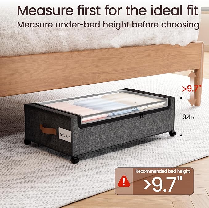 Yecaye 82L Under Bed Storage Containers, Fits 9.4" Under Bed, 2 Pack, Grey | XXL Capacity, 360° Rolling Wheels, Sturdy Metal Frame, Clear Window & Label, Storage Bins for Clothes, Blankets, Shoes
