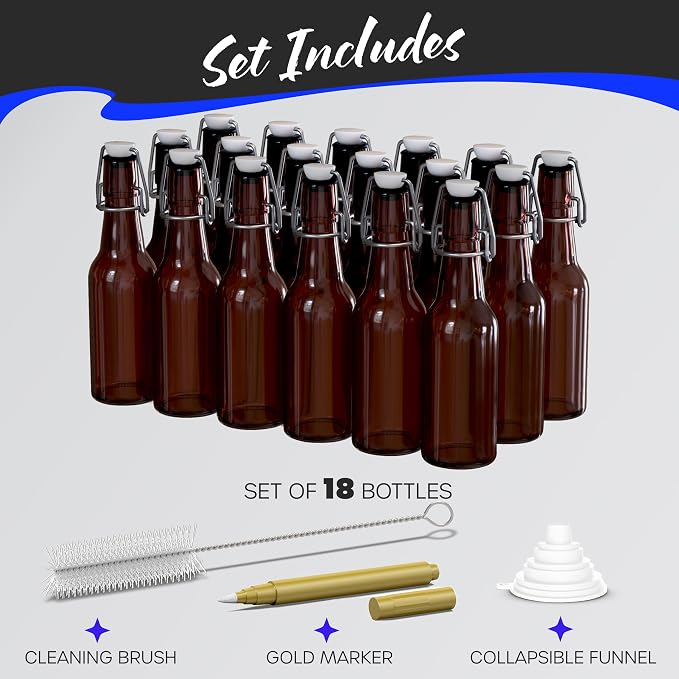 Nevlers 8.5 Oz Amber Swing Top Glass Bottles with Airtight Lid | Beer Bottle with Stopper 18 Pack w/Funnel, Brush & Marker | Reusable Flip Top Glass Bottle Set | Homemade Vanilla Extract Bottles