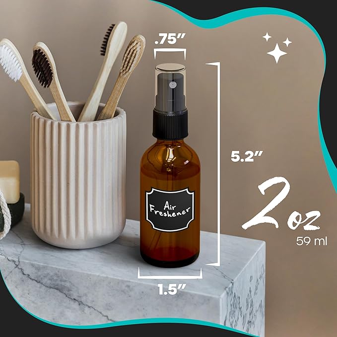 Nevlers 24PK 2 Oz Amber Glass Spray Bottles for Essential Oils | Amber Glass Bottle Set w/Shrink Wrap, Funnel, Labels & More | Fine Mist Spray Bottles for Face Mist Bottle, Hair Mister, Oil Mister