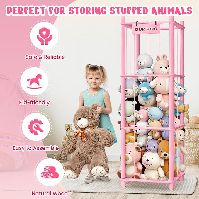 Woodure Stuffed Animal Storage & Organizer, Wooden Cute Zoo Toy Holder for Toddler Rooms, Playrooms & Bedrooms（Pink）