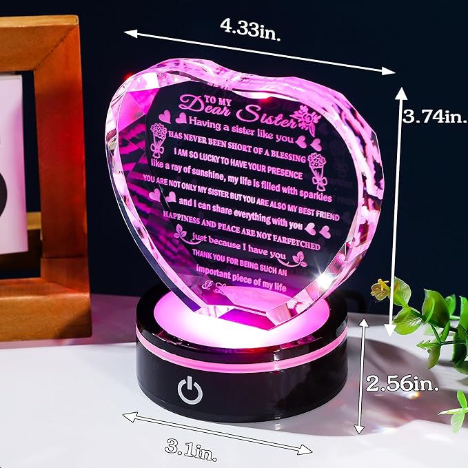 YWHL Sister Birthday Gifts with Colorful LED Base Crystal Heart to My Sister Gifts from Sisters Brother Meaningful Gift for Sisters on Christmas Valentine Day Mothers Day