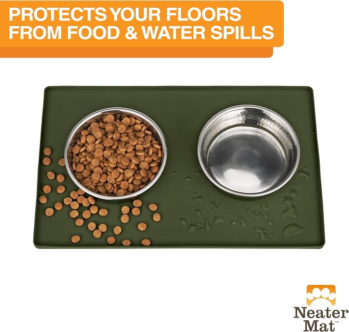 Neater Pet Brands Neater Mat Pet Mats for Food and Water, Cat & Dog Bowl Mat Waterproof Silicone, Feeding Tray, Dog Food Mats for Floors, Placemat w/Raised Edge for Under Bowls, 19” x 12”, Olive