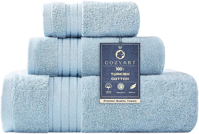 COZYART Luxury Bath Towel Set 3 PCS, Light Blue 100% Turkish Cotton 650 GSM | OEKO-Tex 100 Certified Zero Twist Ring Spun, Soft Absorbent Quick Dry, Plush Fluffy, Breathable Hotel Quality for Daily Use