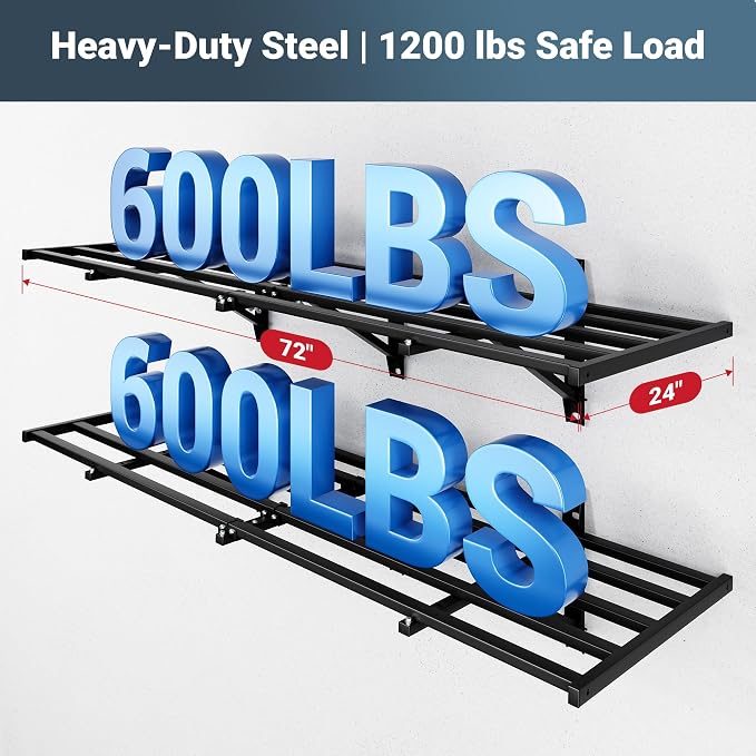 FLEXIMOUNTS 4-Pack 2x6ft Heavy Duty Garage Wall Shelving, 1200lbs Capacity, Garage Shelving Wall Mounted with 8 Hooks, Storage for Power Tools, Garden Supplies, Storage Bins, Lite Series