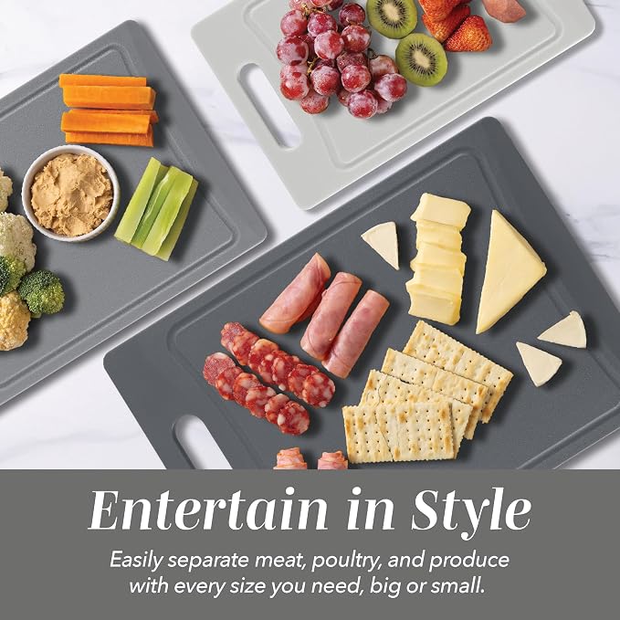 COOK WITH COLOR Non-Slip Cutting Board Set – Kitchen Essentials with Easy Grip Handle for Meat, Veggies, and Fruits, 3 Cutting Boards, Gray