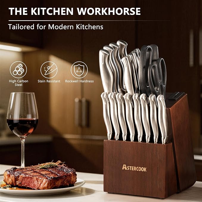 Knife Set, Astercook 21 Pieces Kitchen Knife Set with Built-in Sharpener, German Stainless Steel Knife Block Set, Razor-Sharp Knives with Full-tang Handle, Dishwasher Safe Kitchen Utensils Set